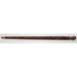 Vintage Hand Carved Wood Brass Cane w/ Hidden Pool Cue 33" - Rare